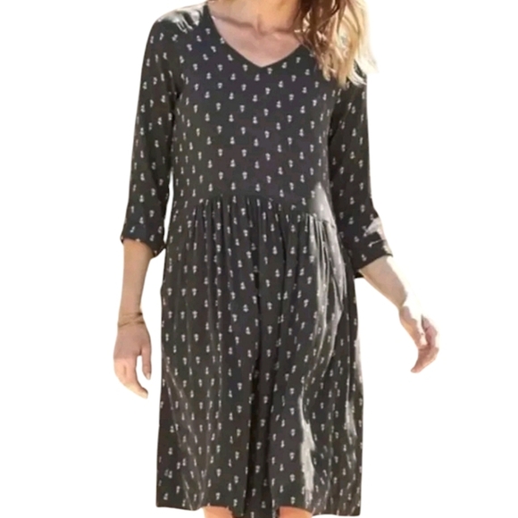 Garnet Hill Black Patterned Baby Doll Style Half Sleeve Midi Dress Size 12 - Picture 1 of 10
